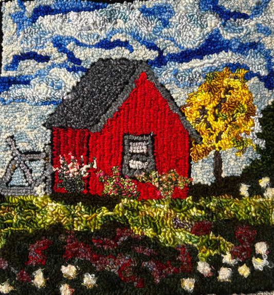 Little red schoolhouse barn pattern (approx. 12" x 12" on linen)